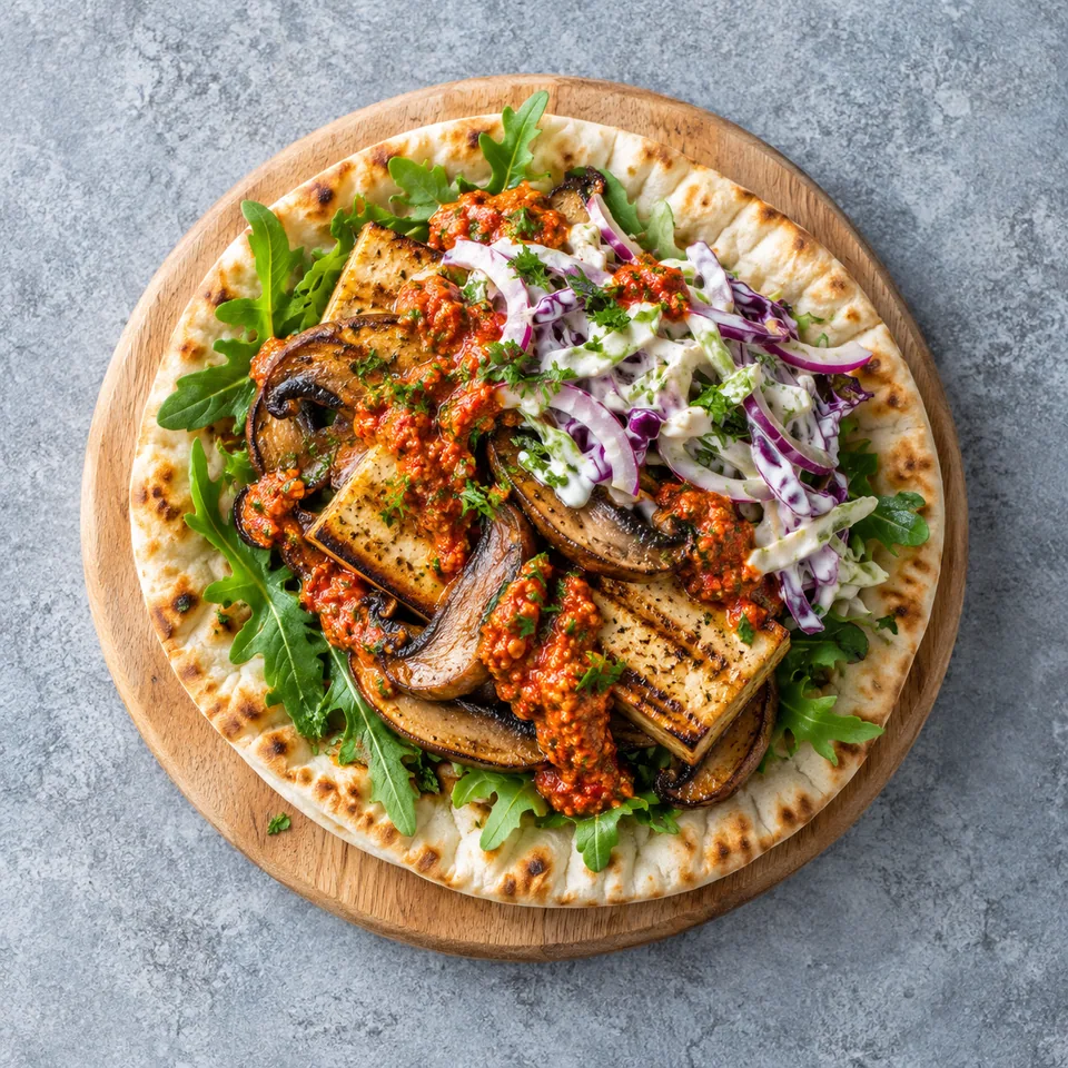 Burger grec au tofu grillé et pesto rouge servi dans un pain pita sur une planche en bois.