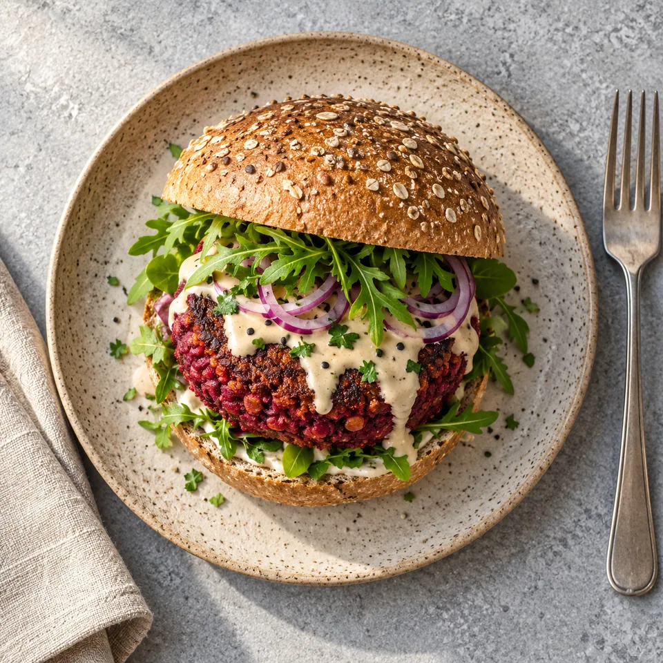 Burger rouge aux lentilles et betterave sur pain complet, sauce tahini, roquette et oignon rouge sur assiette beige.