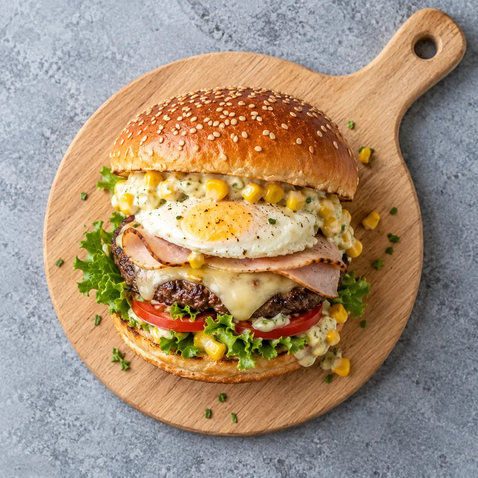 Burger X-tudo brésilien sur planche : pain grillé, steak, œuf bien cuit, fromage fondu, tomate, laitue et sauce maïs.