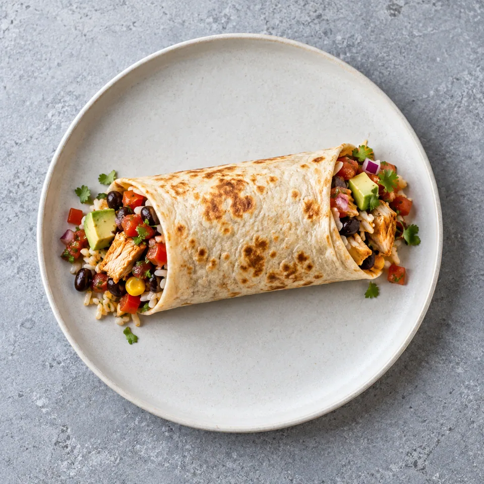 Burrito au poulet et haricots noirs roulé, avec tortilla dorée et garniture colorée visible aux extrémités.