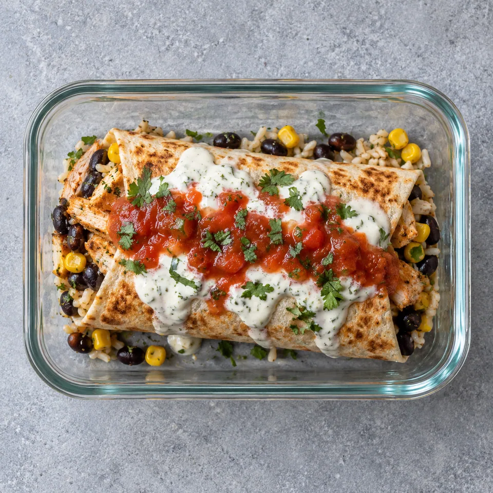 Burrito poulet riz haricots noirs dans une boîte repas en verre, nappé de sauce yaourt citron et salsa.