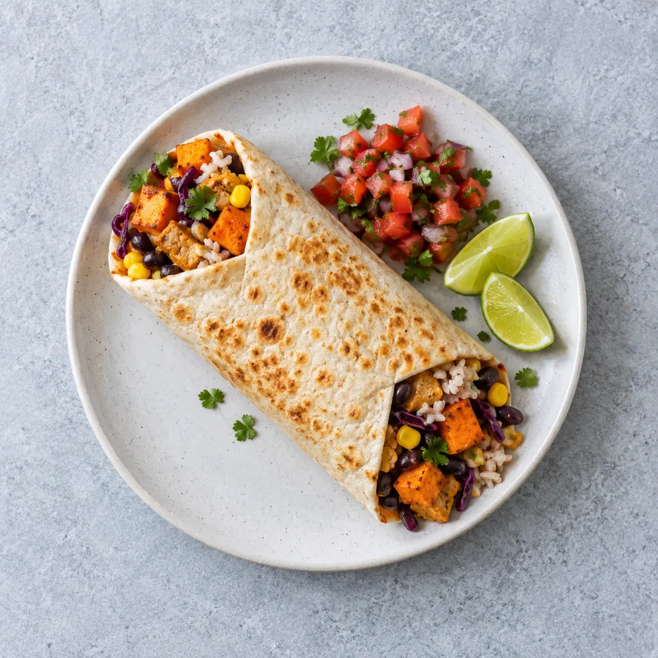 Burrito végétarien roulé, garni de patate douce, seitan, haricots noirs, riz, maïs, chou rouge et salsa colorée.
