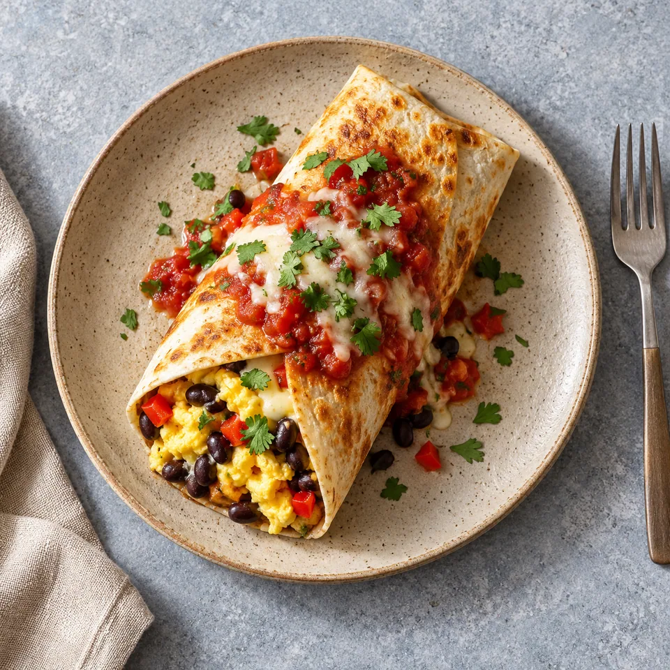 Burrito matinal aux œufs et haricots noirs sur assiette beige, garni de salsa et poivron rouge.