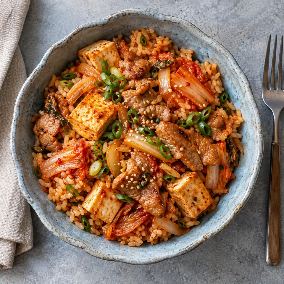 Buta kimchi au tofu, porc sauté et riz dans un bol en grès bleu-gris aux bords irréguliers