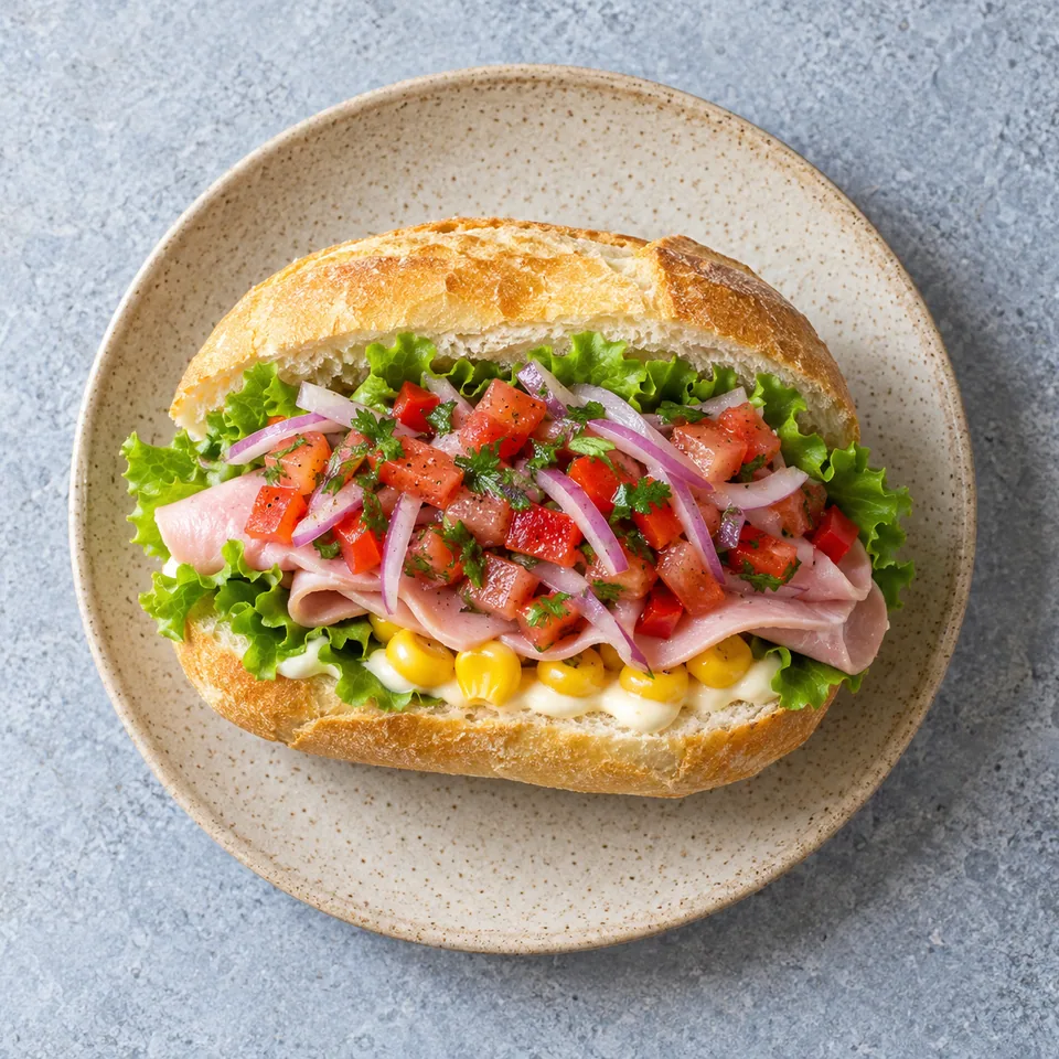 Butifarra péruvienne au jambon et salsa criolla sur assiette beige sable