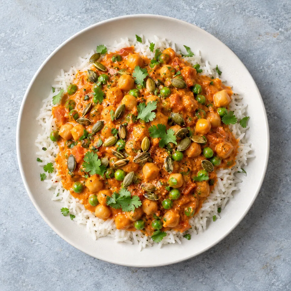Assiette de riz basmati avec sauce pois chiches tomate-coco épicée, garnie de coriandre et graines de courge.