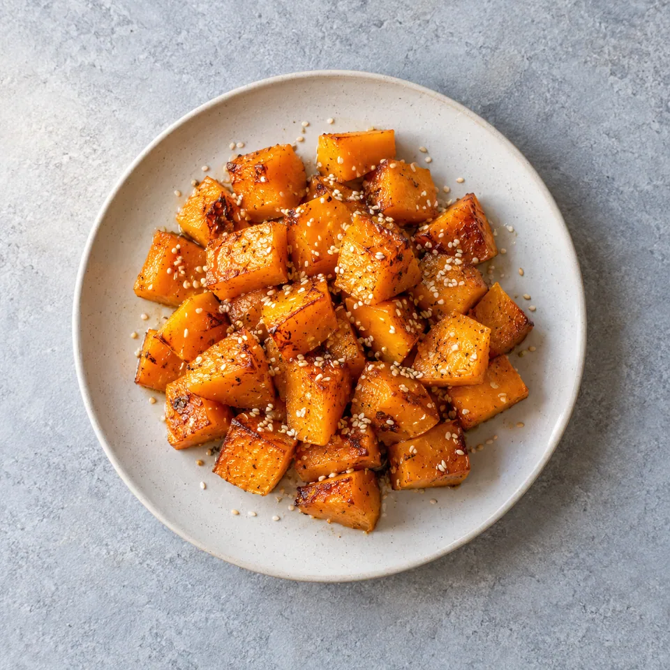 Portion de dés de courge butternut rôtie orange parsemés de graines de sésame blanches sur une assiette.