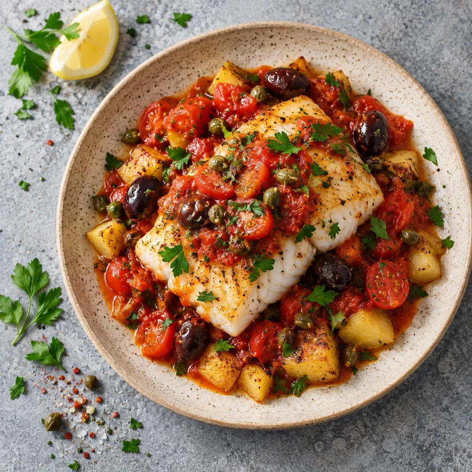 Assiette de cabillaud à l'acqua pazza avec dés de pommes de terre, sauce tomate, olives et persil sur fond beige moucheté.