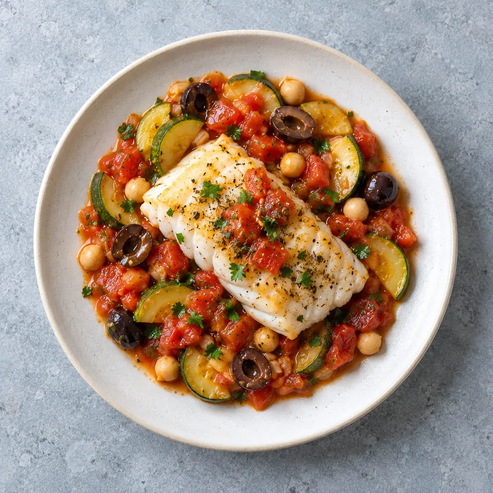 Cabillaud à la provençale : poisson blanc nappé de sauce tomate, courgettes en demi-rondelles, pois chiches et olives noires.