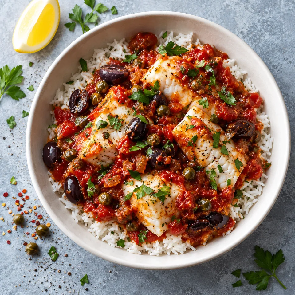 Portion de cabillaud à la puttanesca sur riz dans un bol blanc, sauce tomate, olives et persil.