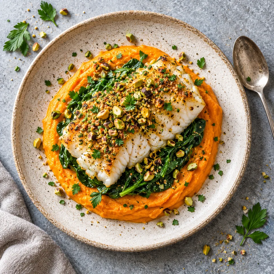 Cabillaud aux pistaches, mousseline de patate douce : poisson cuit avec croûte verte sur épinards et purée orange.