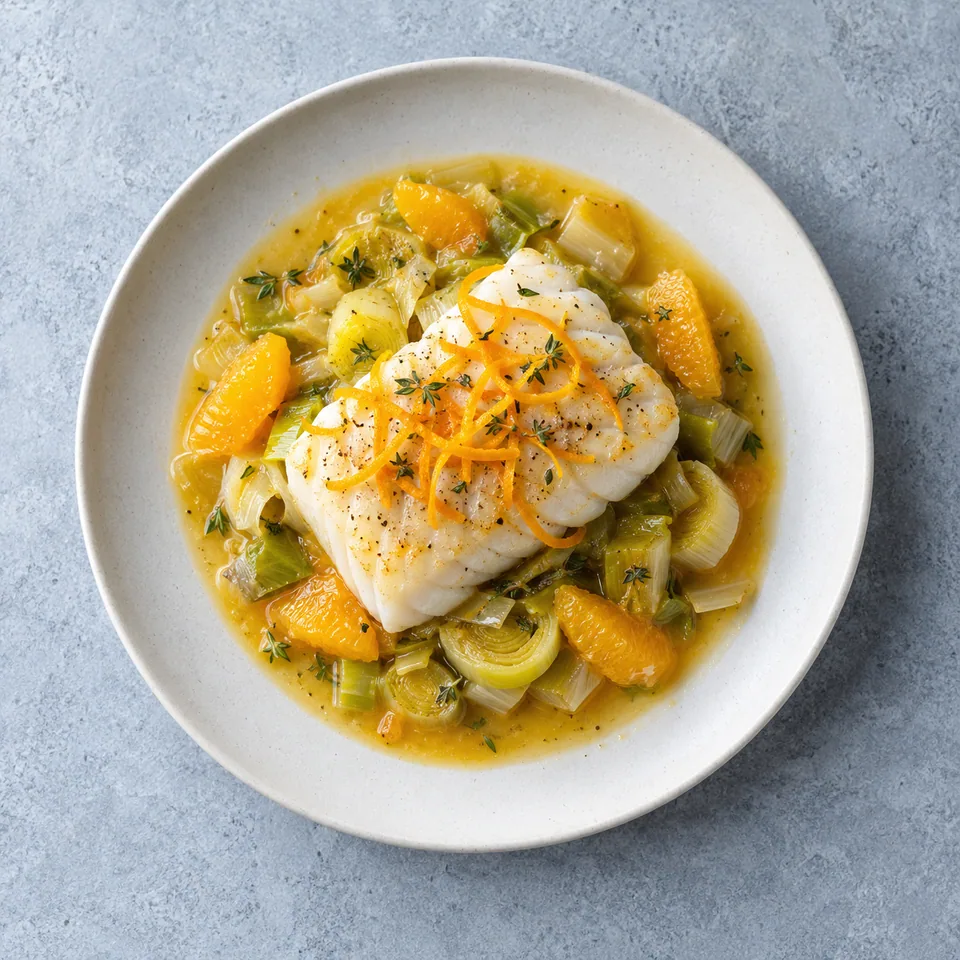 Portion de cabillaud blanc aux poireaux émincés et sauce orange, parsemé de zestes d'orange frais sur une assiette blanche.