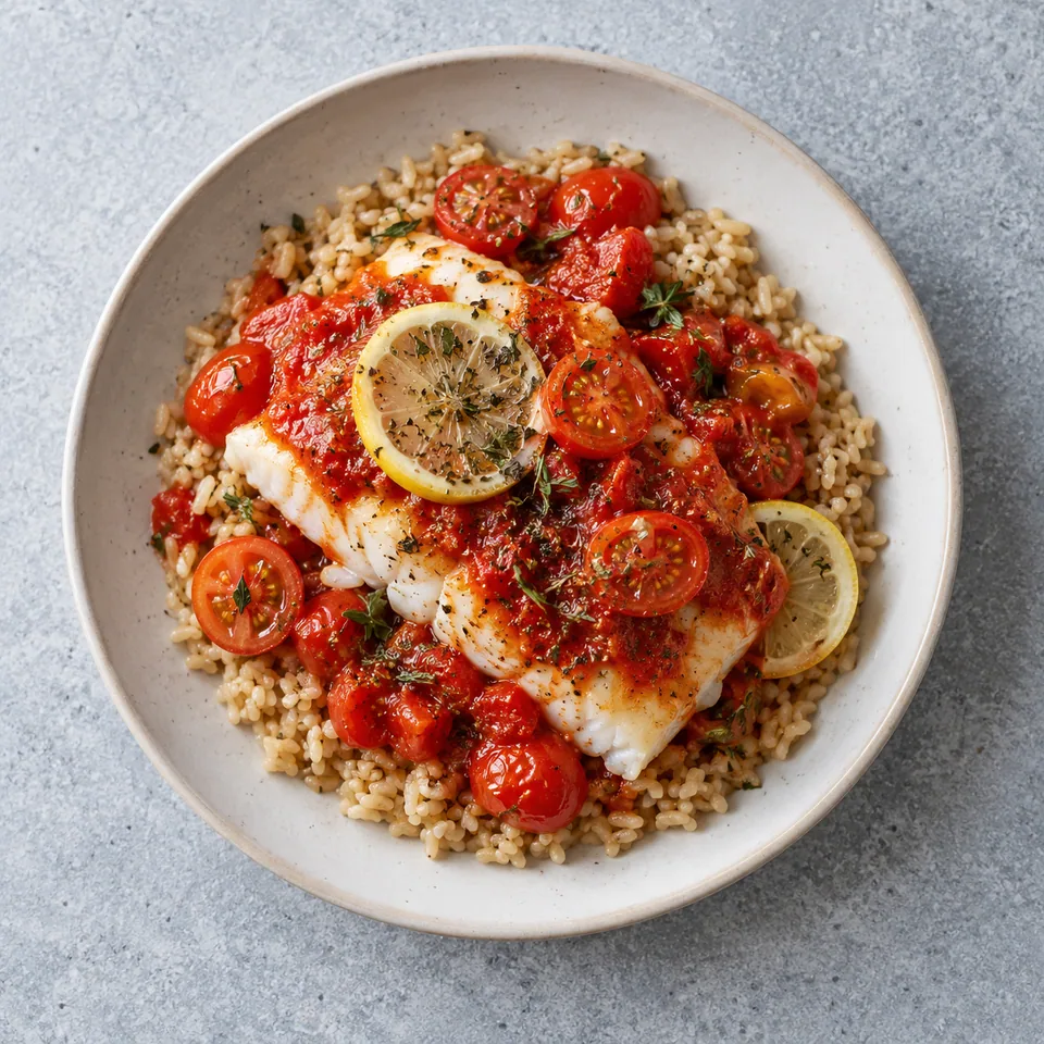 Portion de cabillaud aux tomates et riz complet : poisson blanc, riz brun, tomates cerises et citron sur assiette.