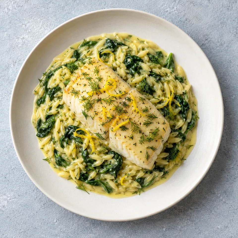 Portion de cabillaud avgolemono, orzo et épinards à l'aneth sur assiette blanche, sauce jaune et herbes vertes.