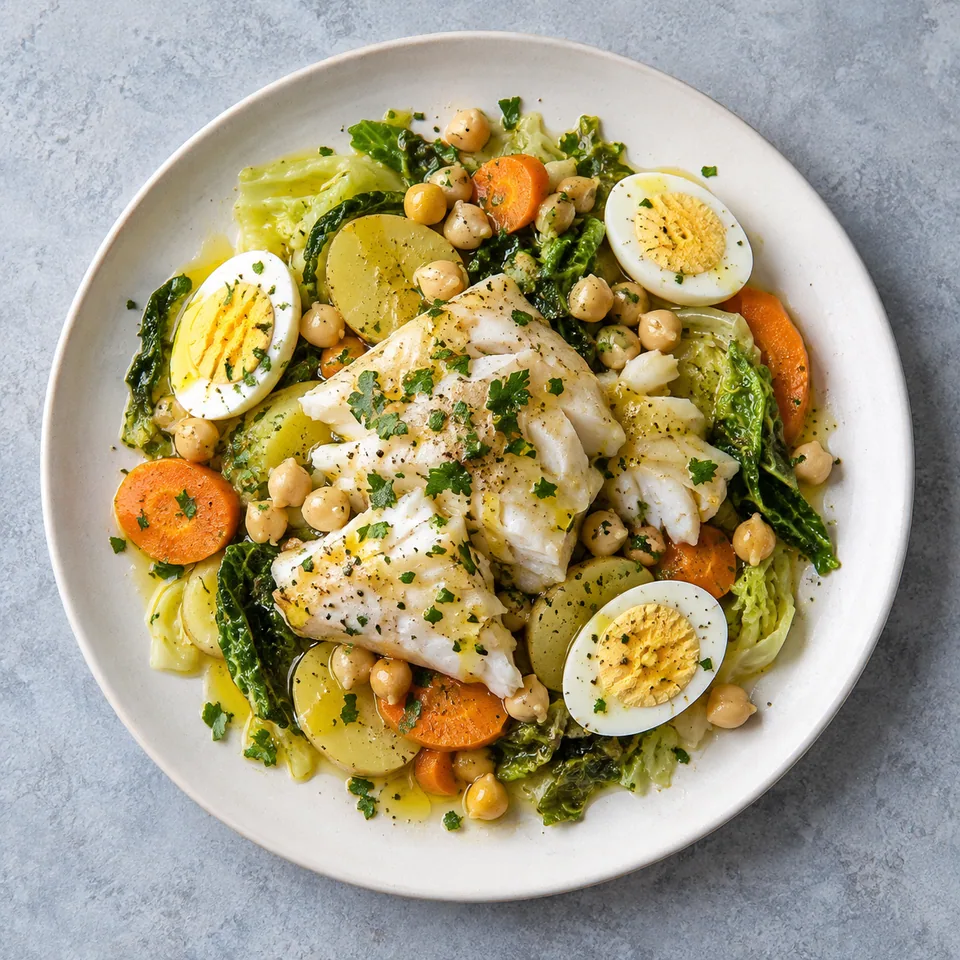 Assiette de cabillaud de la consoada avec légumes, pois chiches et œufs durs, sauce citronnée.