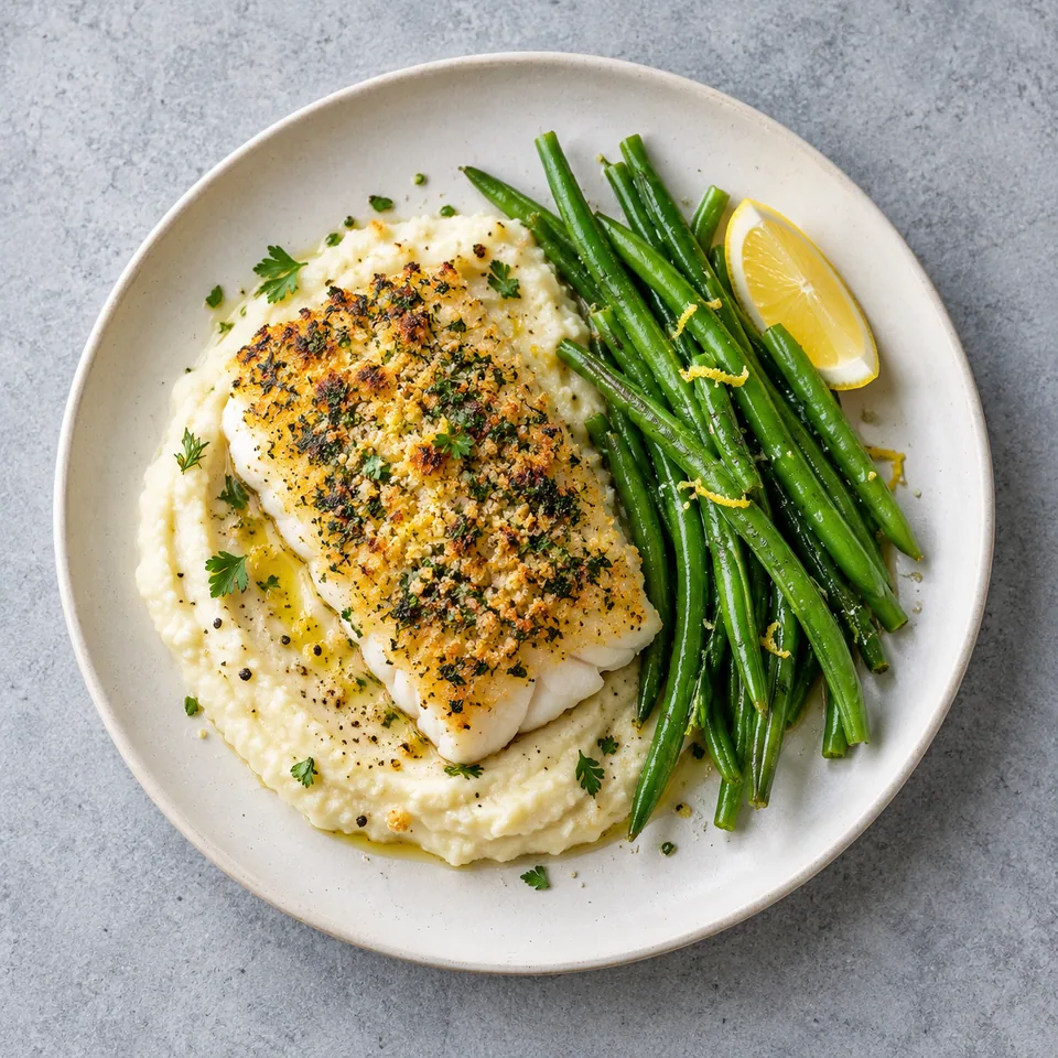 Portion de cabillaud en croûte d'herbes sur purée de chou-fleur avec haricots verts.