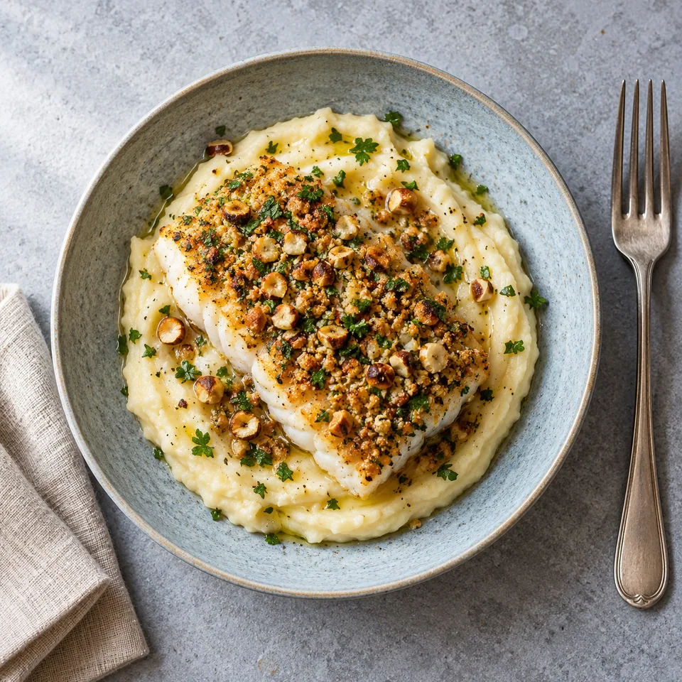 Portion de cabillaud en croûte de noisettes sur purée de panais, servie sur une assiette creuse bleu-gris.
