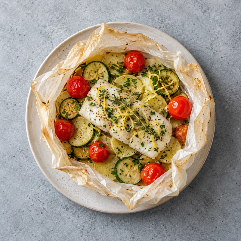 Cabillaud en papillote aux légumes : dos blanc sur rondelles de pommes de terre, courgette verte, tomates rouges et herbes.