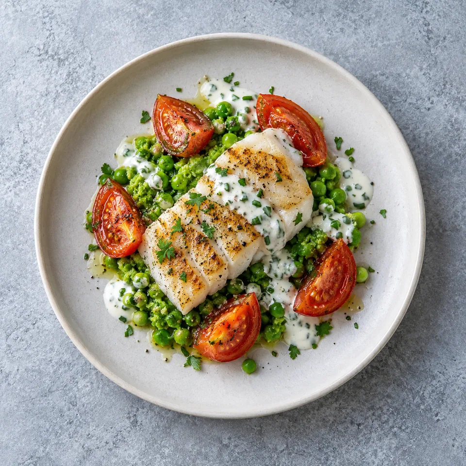 Cabillaud grillé, écrasé de pois et tomates, avec sauce blanche aux herbes, servi dans une assiette.