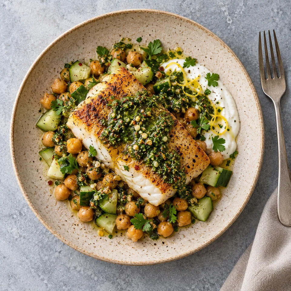 Portion de cabillaud poêlé doré sur pois chiches et concombre, nappé de zhoug vert et yaourt citronné sur assiette grès beige.