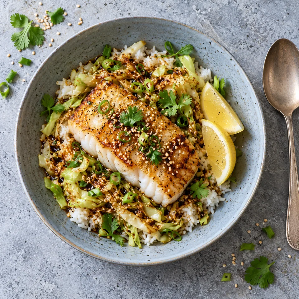 Assiette de cabillaud poêlé doré sur riz et chou sauté au soja, parsemé de sésame et citron.
