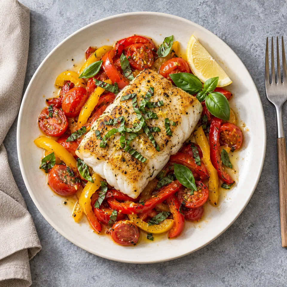 Cabillaud poêlé, poivrons et tomates au basilic : portion sur assiette blanche, poisson doré, légumes fondants et herbes fraîches.
