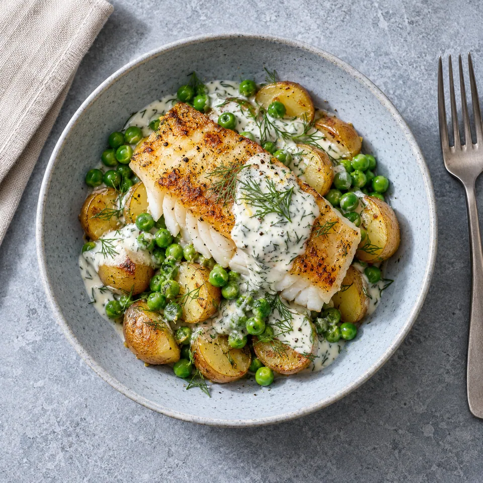 Assiette de cabillaud sauce skyr-aneth, pois et pommes de terre : poisson blanc sur légumes verts et blancs, sauce onctueuse.