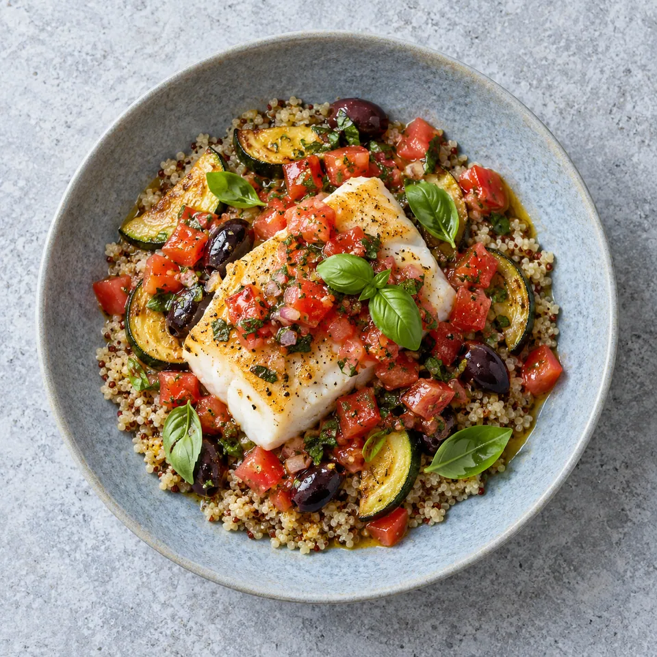 Assiette creuse bleu-gris : quinoa, courgettes dorées, cabillaud blanc nappé de sauce vierge aux tomates rouges et olives noires.