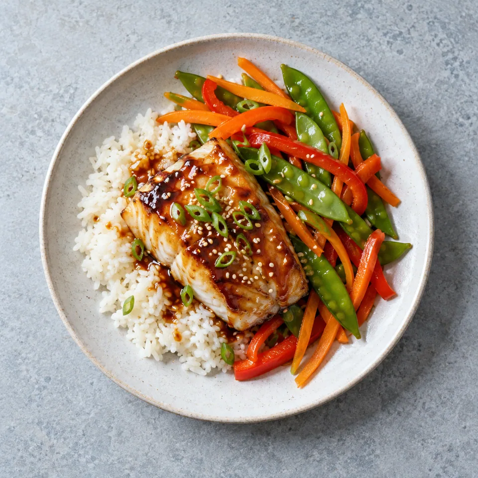 Cabillaud teriyaki aux légumes, avec riz blanc, carottes en lamelles, poivron et pois gourmands nappés de sauce.