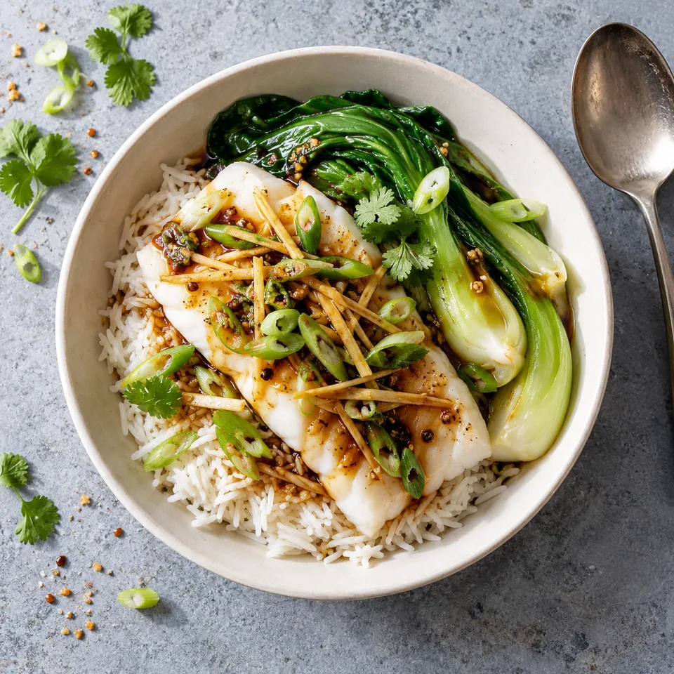 Bol de cabillaud vapeur au gingembre et riz, garni de pak choï vert et sauce soja brillante.