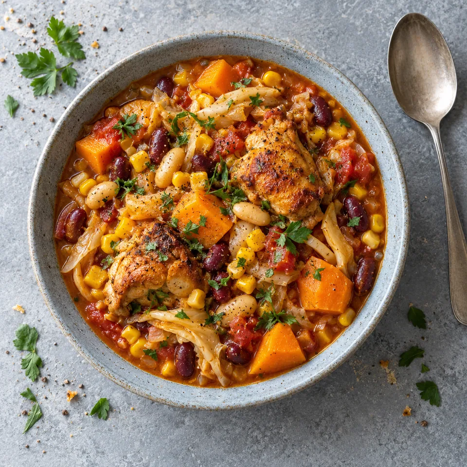 Cachupa au poulet, maïs et haricots : portion de ragoût avec poulet, légumes et haricots dans un bol bleu-gris.