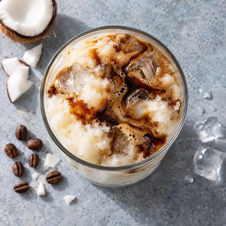 Café coco glacé à la vietnamienne : granité blanc crème et expresso sombre dans un grand verre transparent.