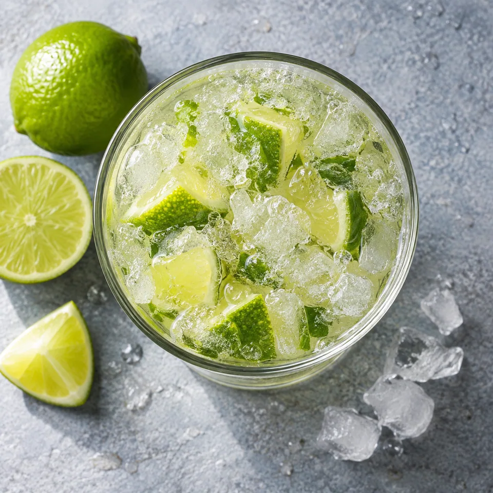 Caïpirinha au citron vert pilé dans un grand verre transparent avec glace et zestes verts.