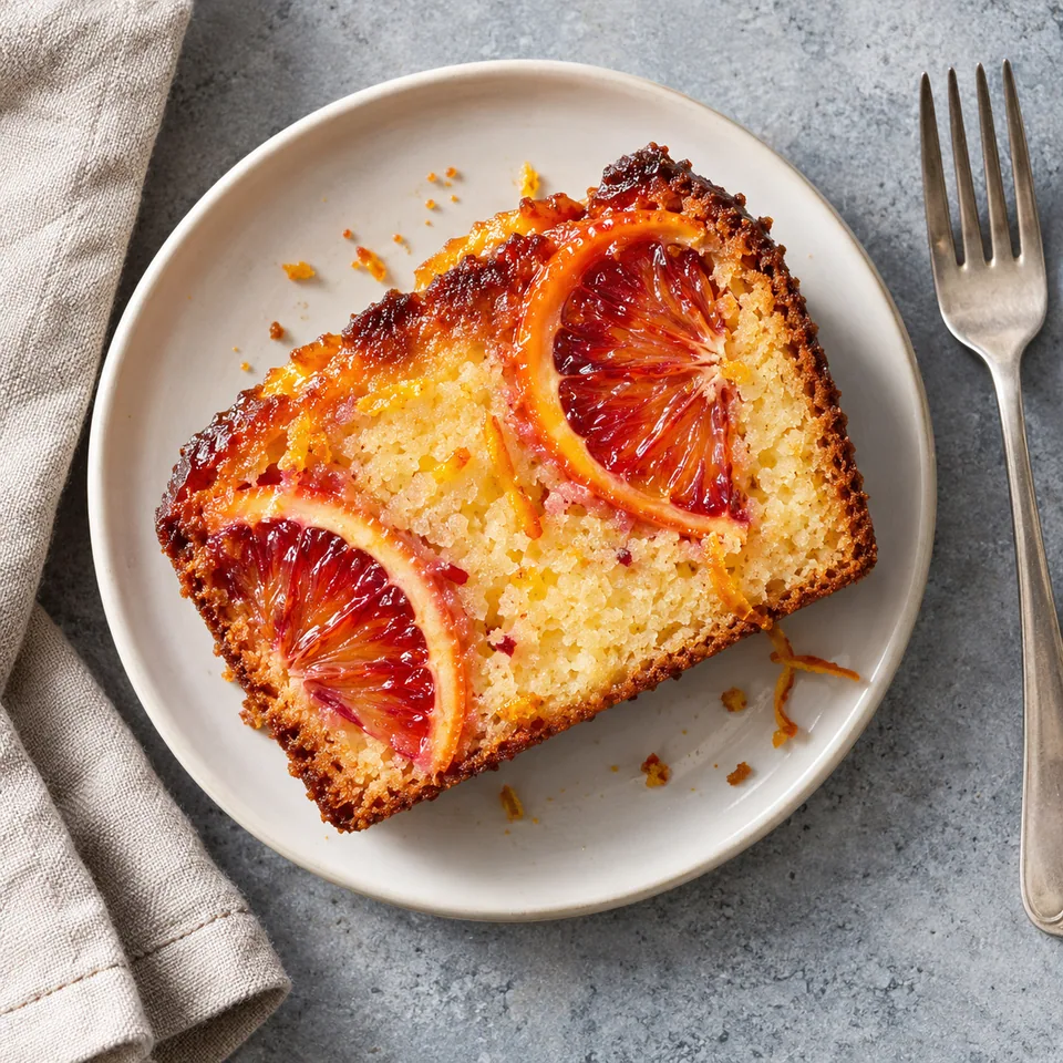 Part de cake à l’orange sanguine doré aux rondelles d’orange confies sur assiette blanche