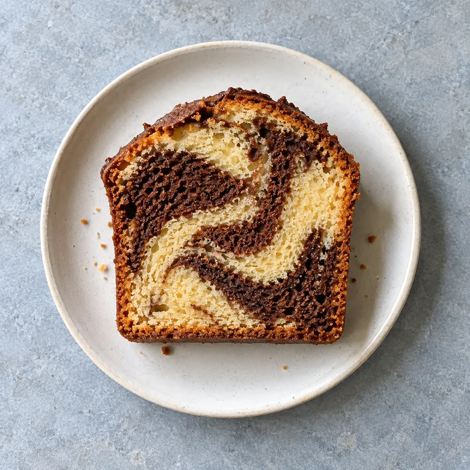 Part de cake marbré cacao-vanille au yaourt sur assiette blanche, montrant les veines alternées de pâtes claires et foncées.