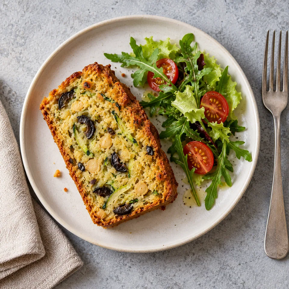 Part de cake pois chiche, courgette et olives sur assiette blanche, montrant la mie verte et noire.