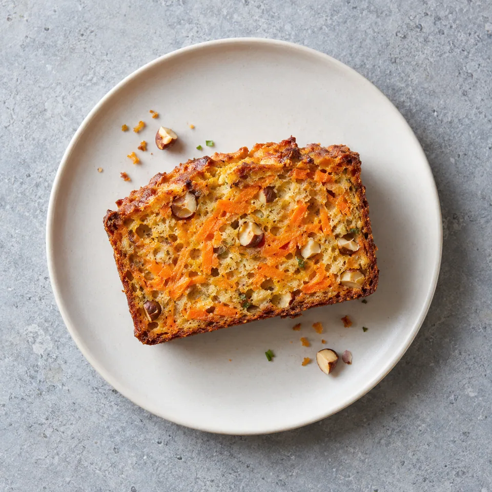 Part de cake salé à la carotte sur assiette blanche, montrant mie orange aux noisettes concassées et croûte dorée.