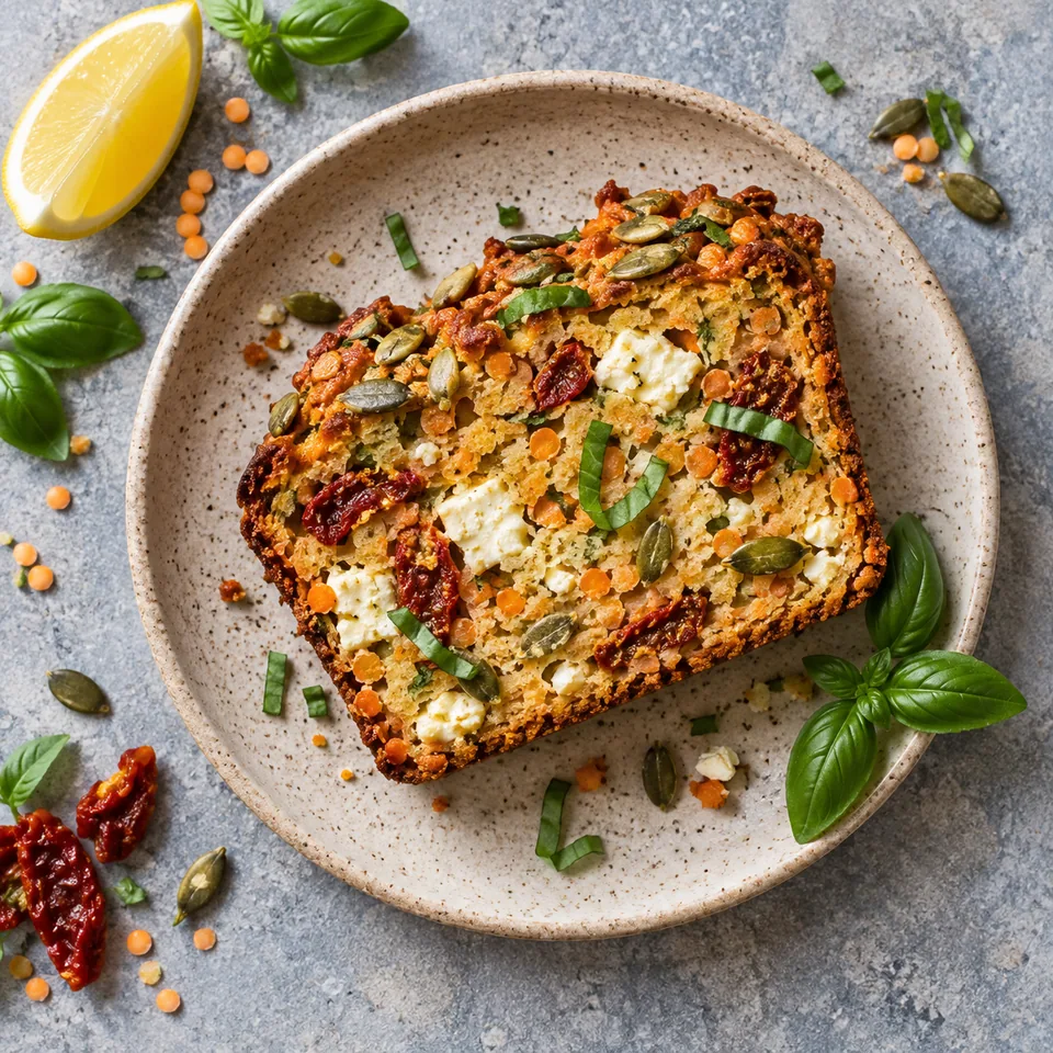 Une part de cake salé aux lentilles, feta et tomates séchées sur une assiette beige, garnie de graines de courge et de basilic.