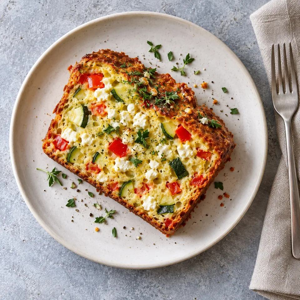 Part de cake salé aux légumes et feta sur assiette blanche, vue de dessus, couleurs vives et texture dorée.