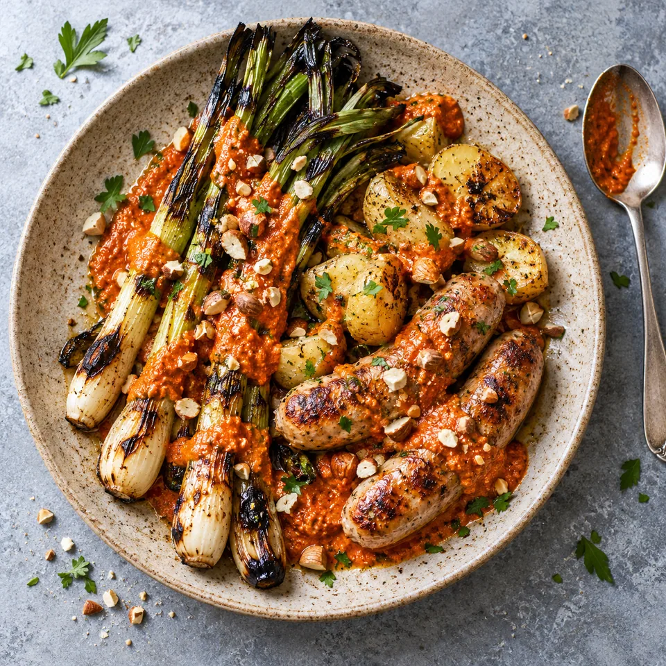 Assiette de calçots grillés, saucisses de poulet dorées et pommes de terre nappées de sauce romesco rouge vif.