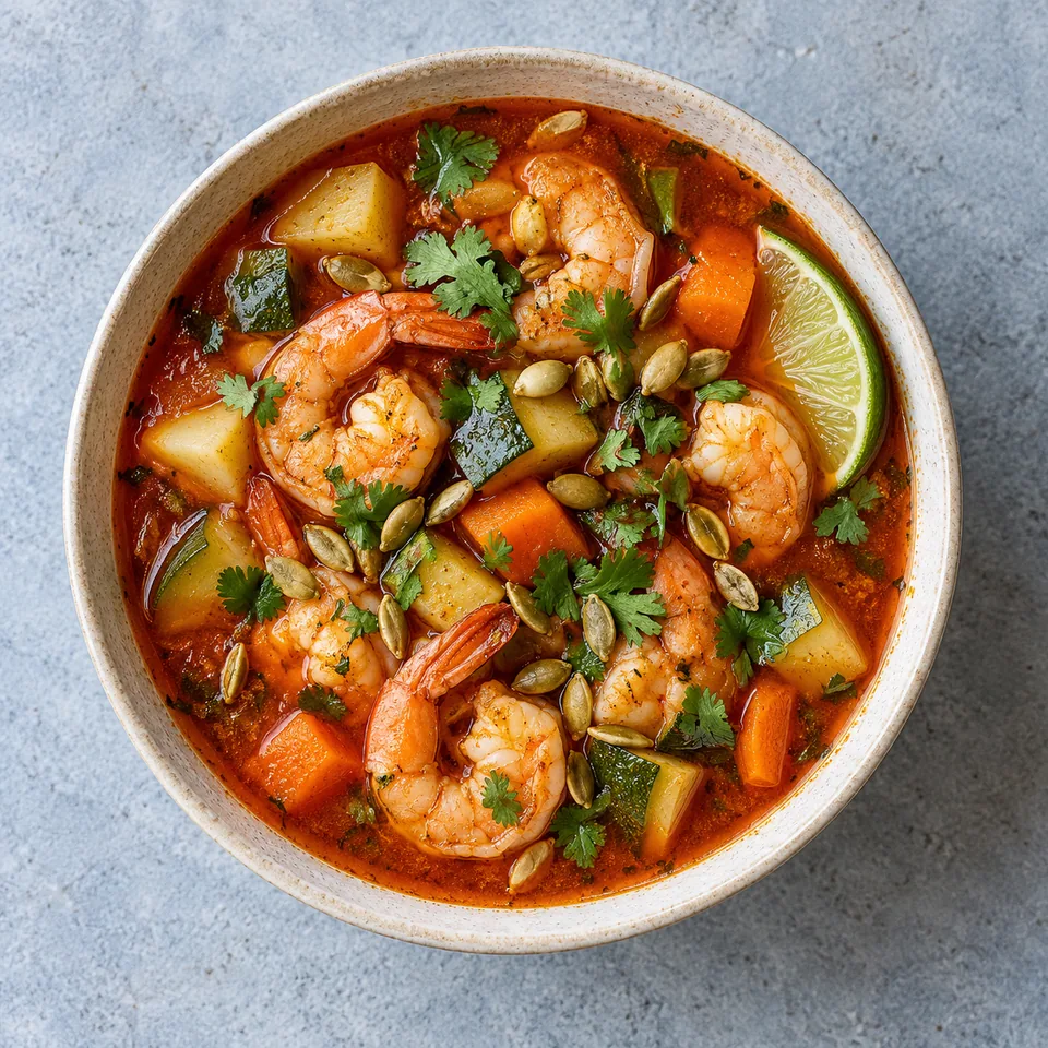 Bol de caldo de camarón mexicain : crevettes roses, légumes en dés et bouillon rouge, garni de coriandre et graines de courge.