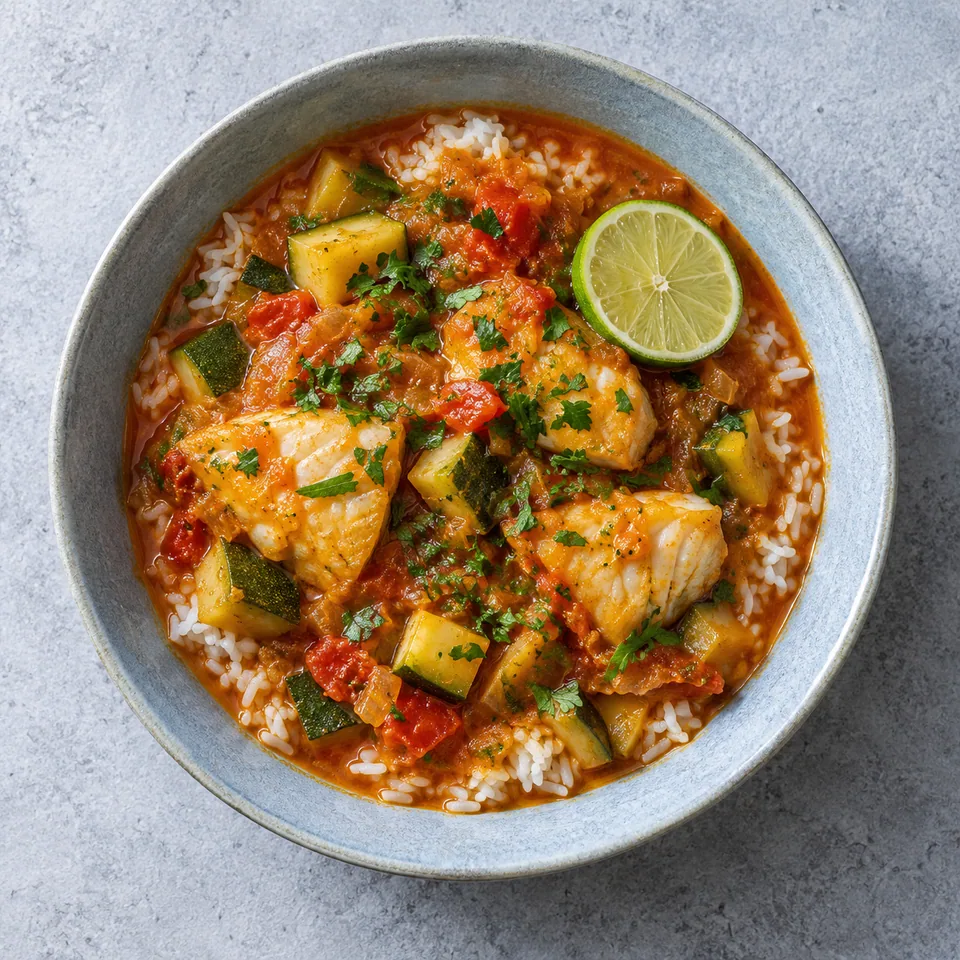 Caldou sénégalais au poisson et citron vert : riz et poisson dans un bouillon rouge avec courgette et persil, sur assiette bleue.