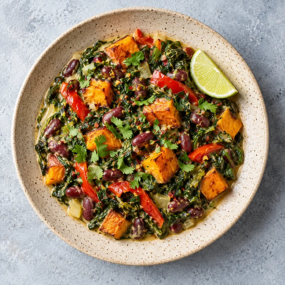 Callaloo aux épinards, patate douce et haricots rouges servi dans une assiette en grès beige avec un quartier de citron vert.