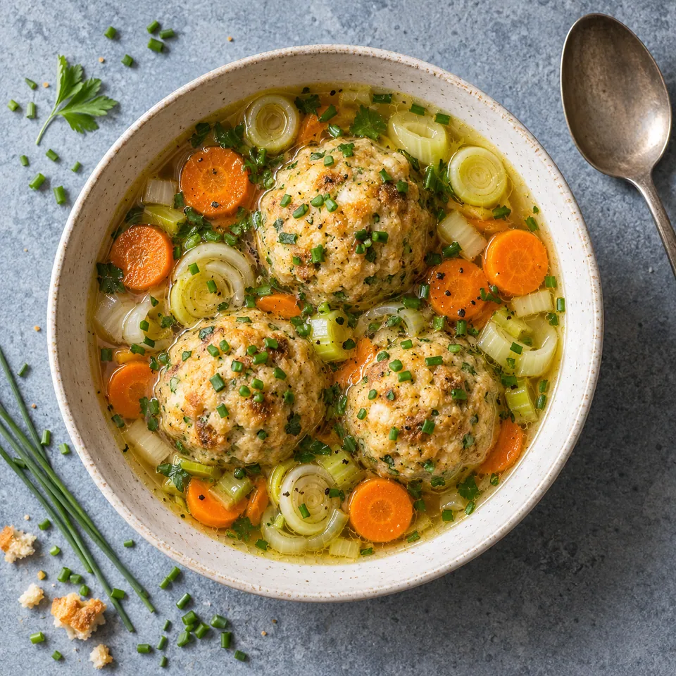 Canederli au bouillon de légumes d'hiver : boulettes dorées, carottes et poireau dans un bouillon clair, parsemé de ciboulette, dans un grand bol crème.