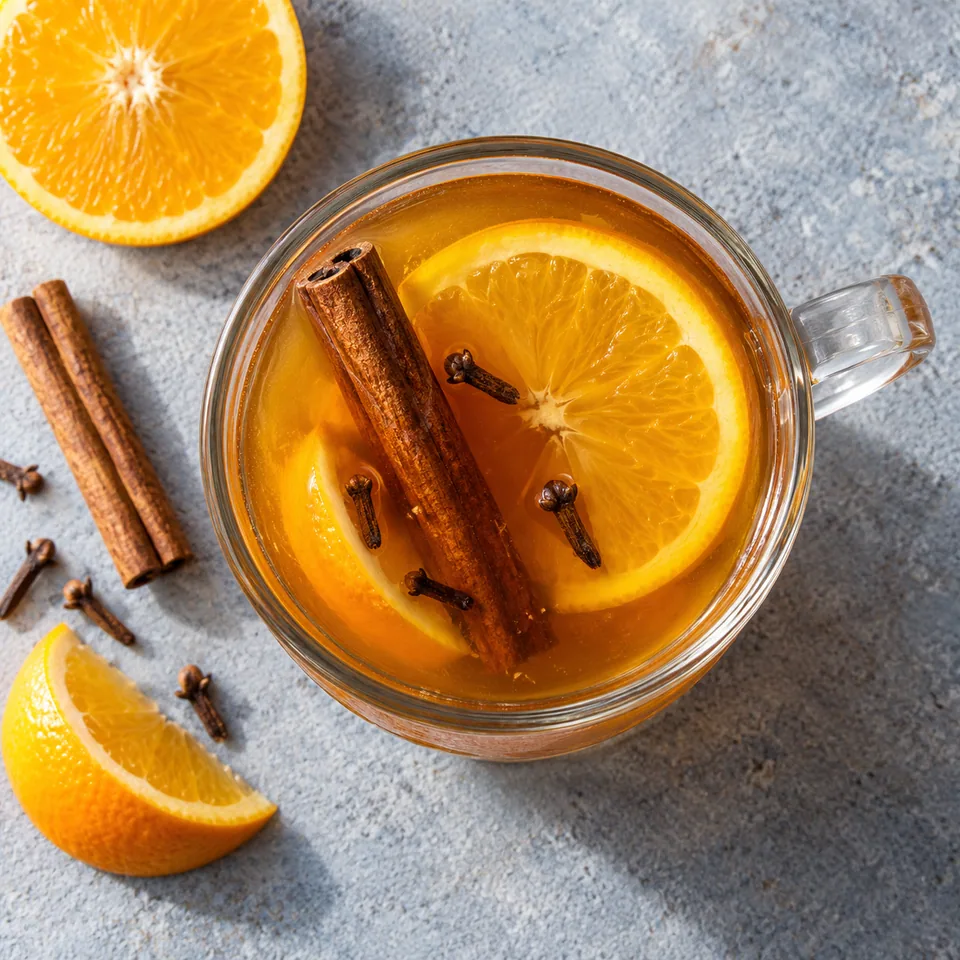 Canelazo à l’orange, cannelle et rhum dans un verre transparent, boisson dorée avec épices visibles.