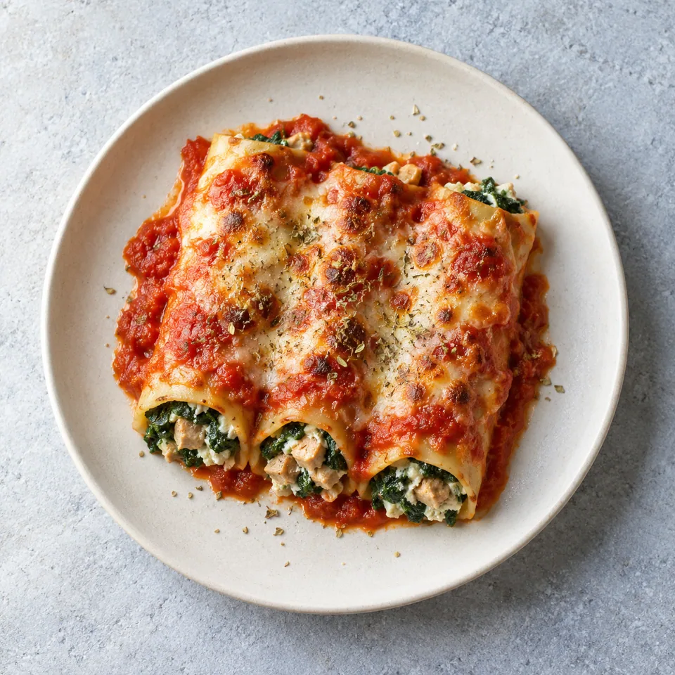 Cannelloni ricotta-épinards : rouleaux nappés de tomate et d’origan, farce blanche et verte avec morceaux de seitan aux extrémités.