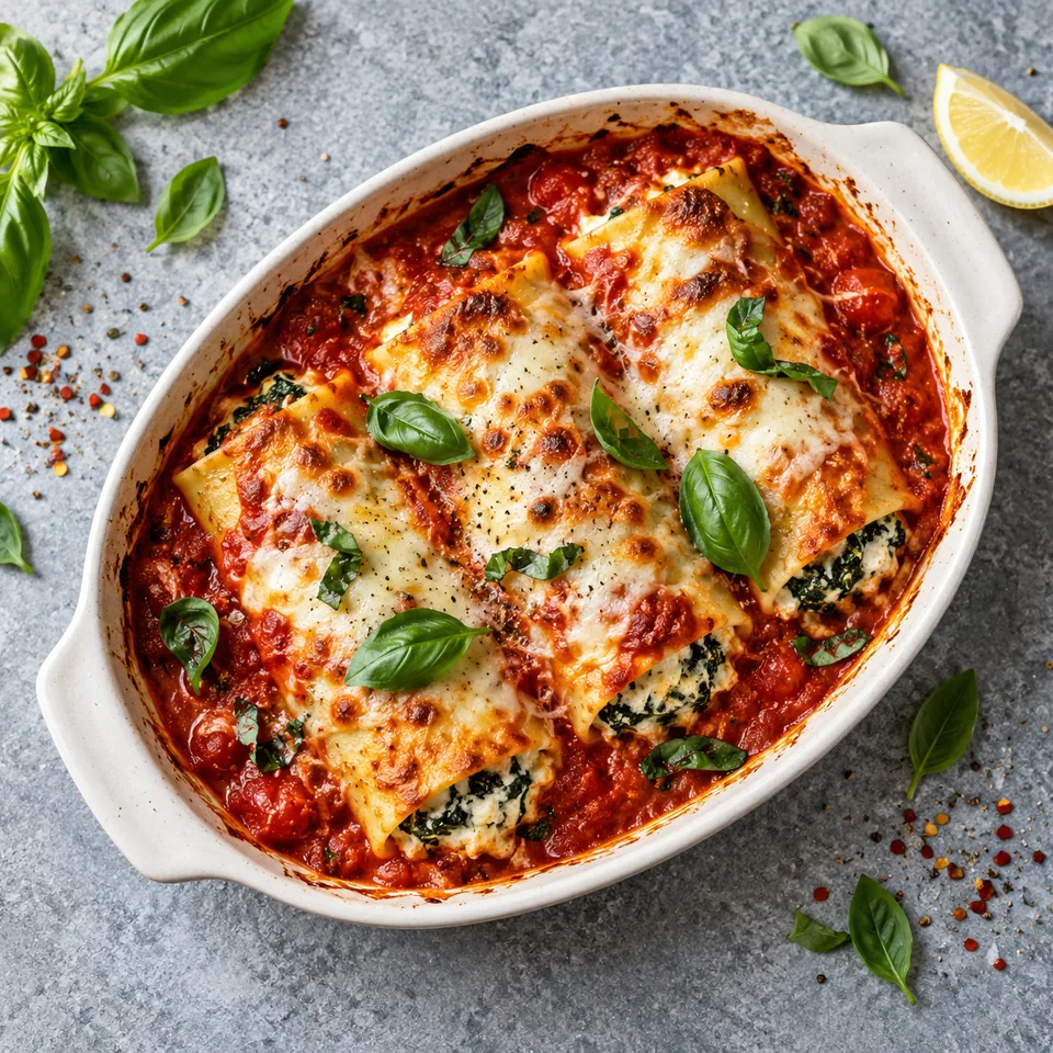 Cannellonis ricotta-épinards à la sauce tomate au basilic dans un plat ovale blanc cassé.