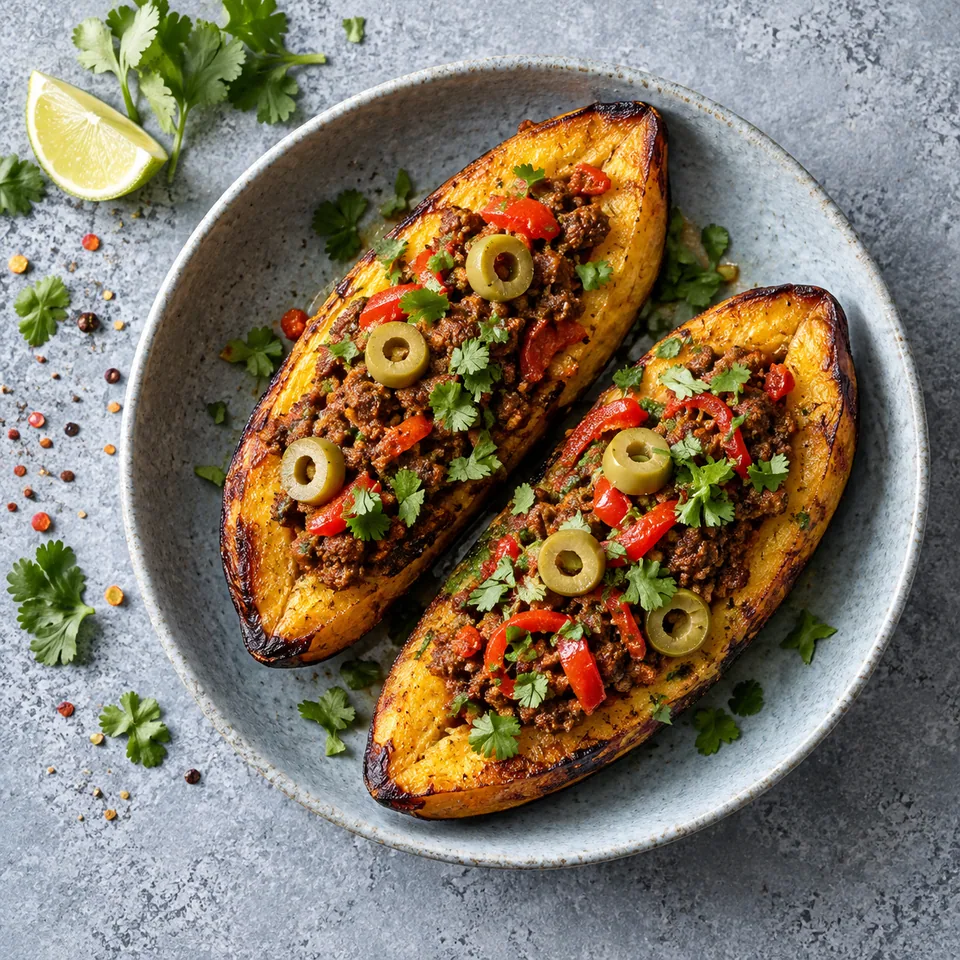 Canoas de banane plantain au bœuf : banane rôtie farcie de viande hachée, poivron rouge et olives sur assiette bleue.