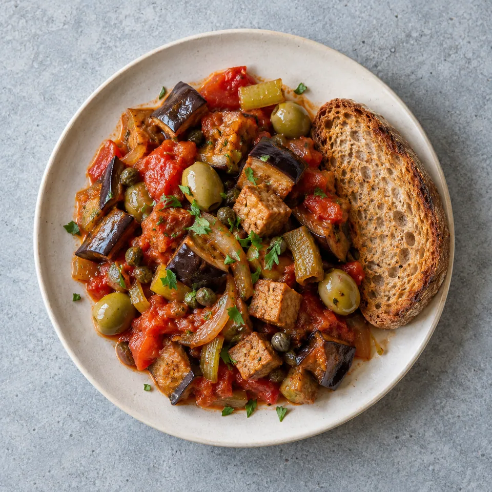 Caponata sicilienne au seitan chaude, avec légumes fondants, dés de seitan, olives, câpres et pain complet grillé.