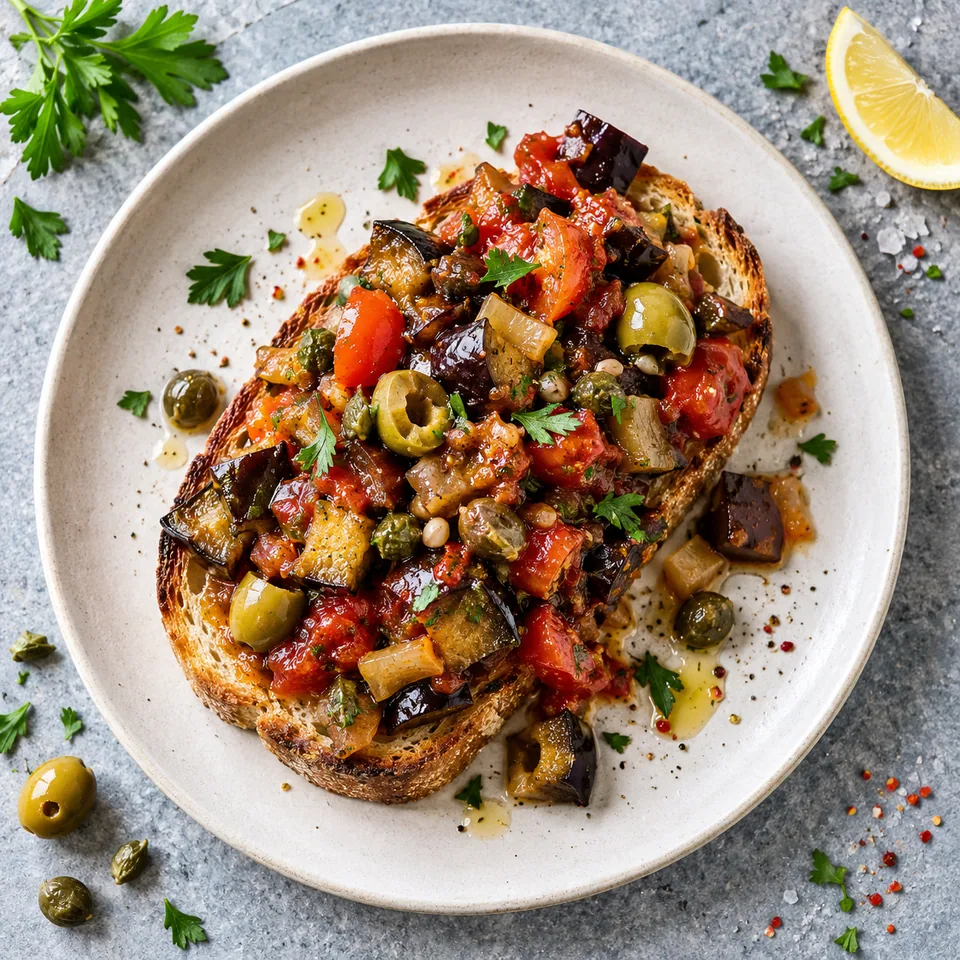 Caponata sicilienne aux aubergines et olives servie sur une tranche de pain grillé doré dans une assiette blanche.
